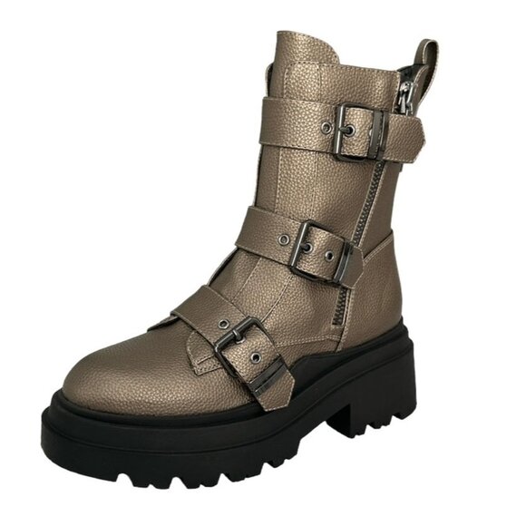 GUESS VALICIA Women's Pewter Lug Sole Buckle Combat Boots - Picture 2 of 8